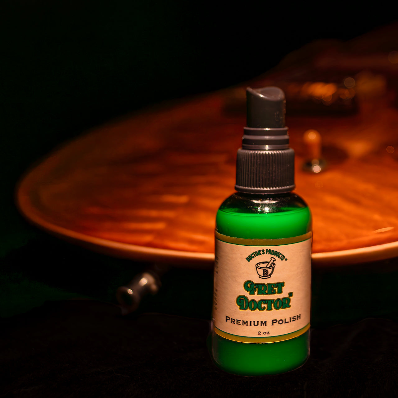 Fret Doctor Premium Polish guitar background product shot